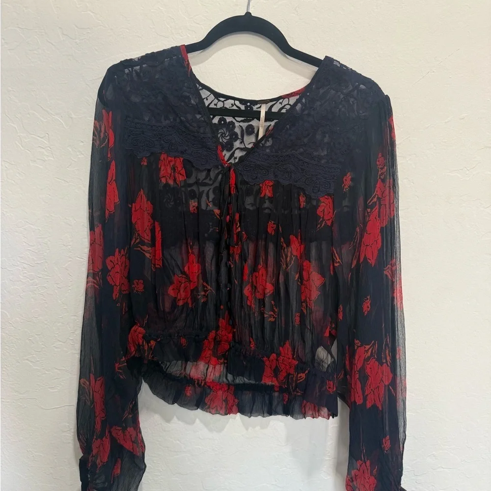 Free People Navy and Red Floral Sheer Blouse